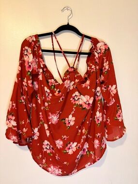 Forever 21+ Red Floral Strappy Blouse | Crisscross Neckline Flowy Top Size 0X